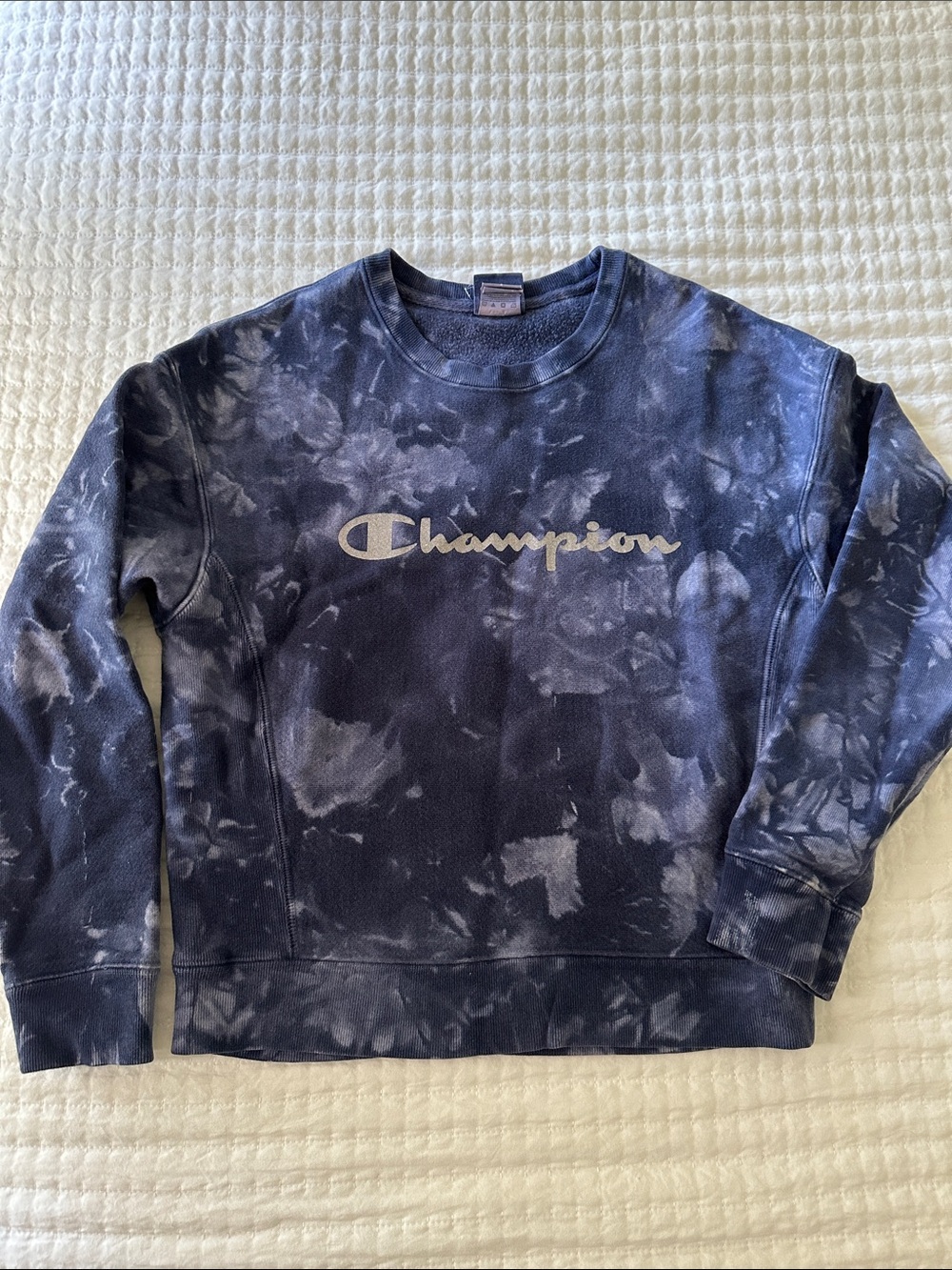 Champion Women's Navy Tie-Dye Crewneck with Beige Logo